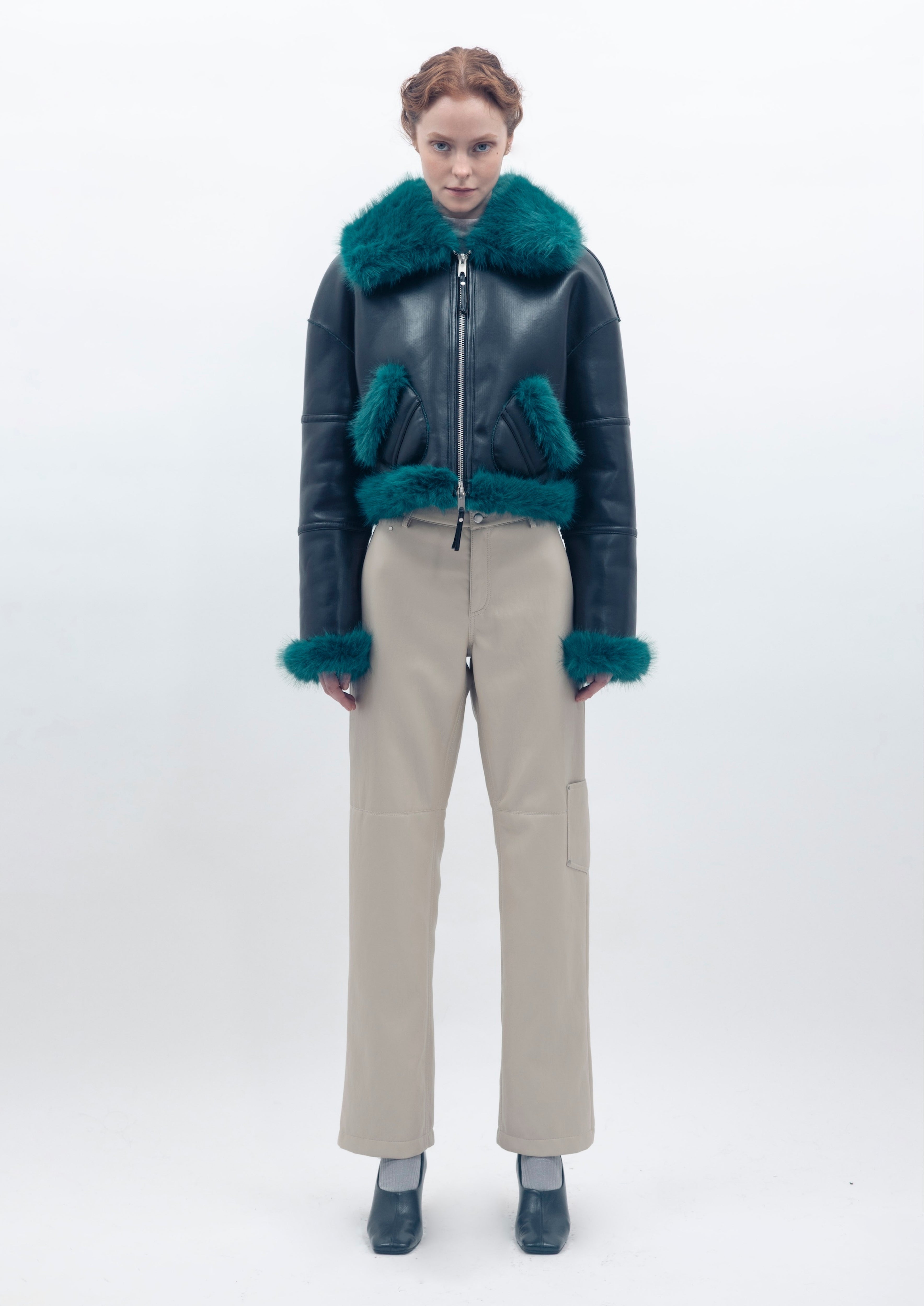 Aviator Cropped Jacket - Black Teal
