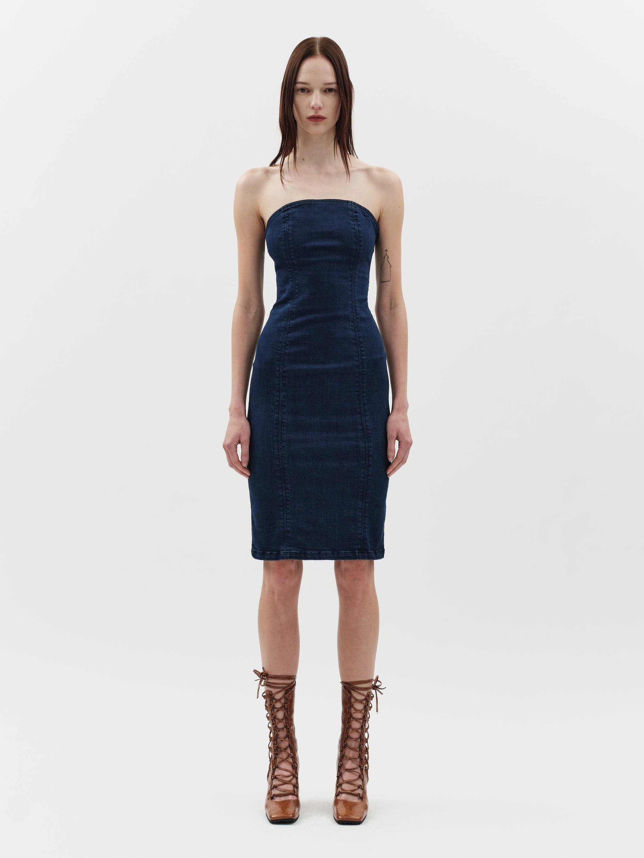 denim pencil dress Denim Cutout Bodycon Dress For Women - Blue Studded Sleeveless Slim Fit Pencil Sheath Midi Dress