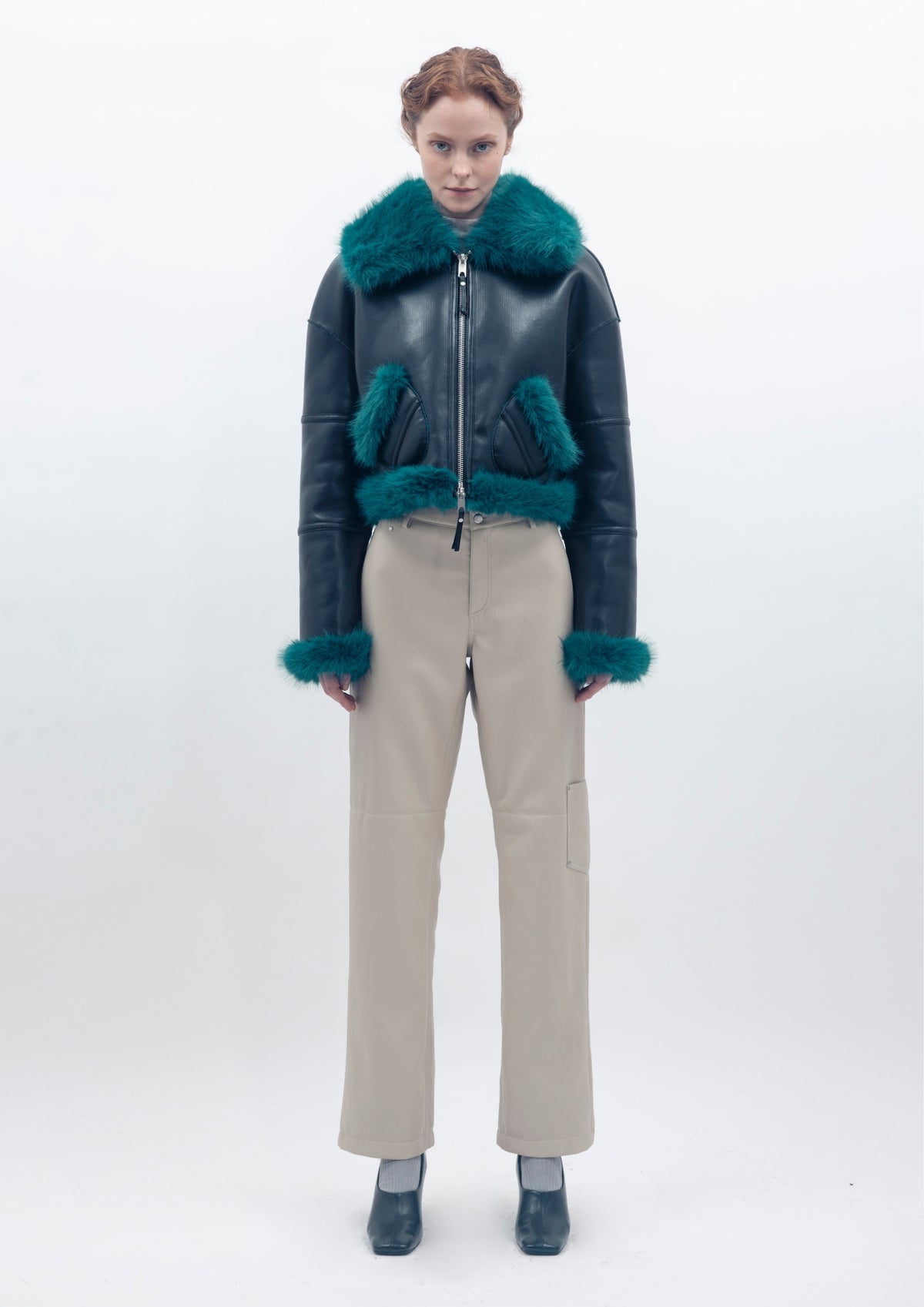 Aviator Cropped Jacket - Black Teal
