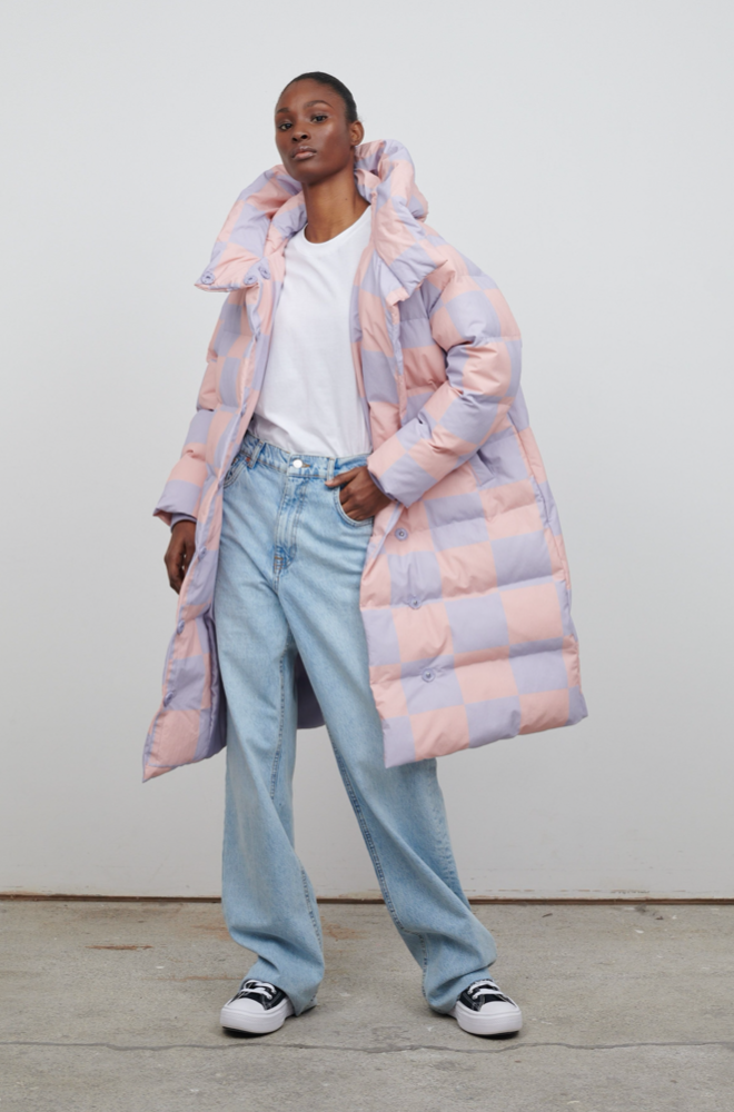Pink hooded puffer jacket sales